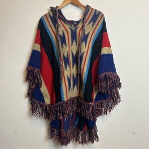 Vintage 70’s Cuddle Knit Poncho Womens OS Hooded Fringe Southwestern Cowboy Boho